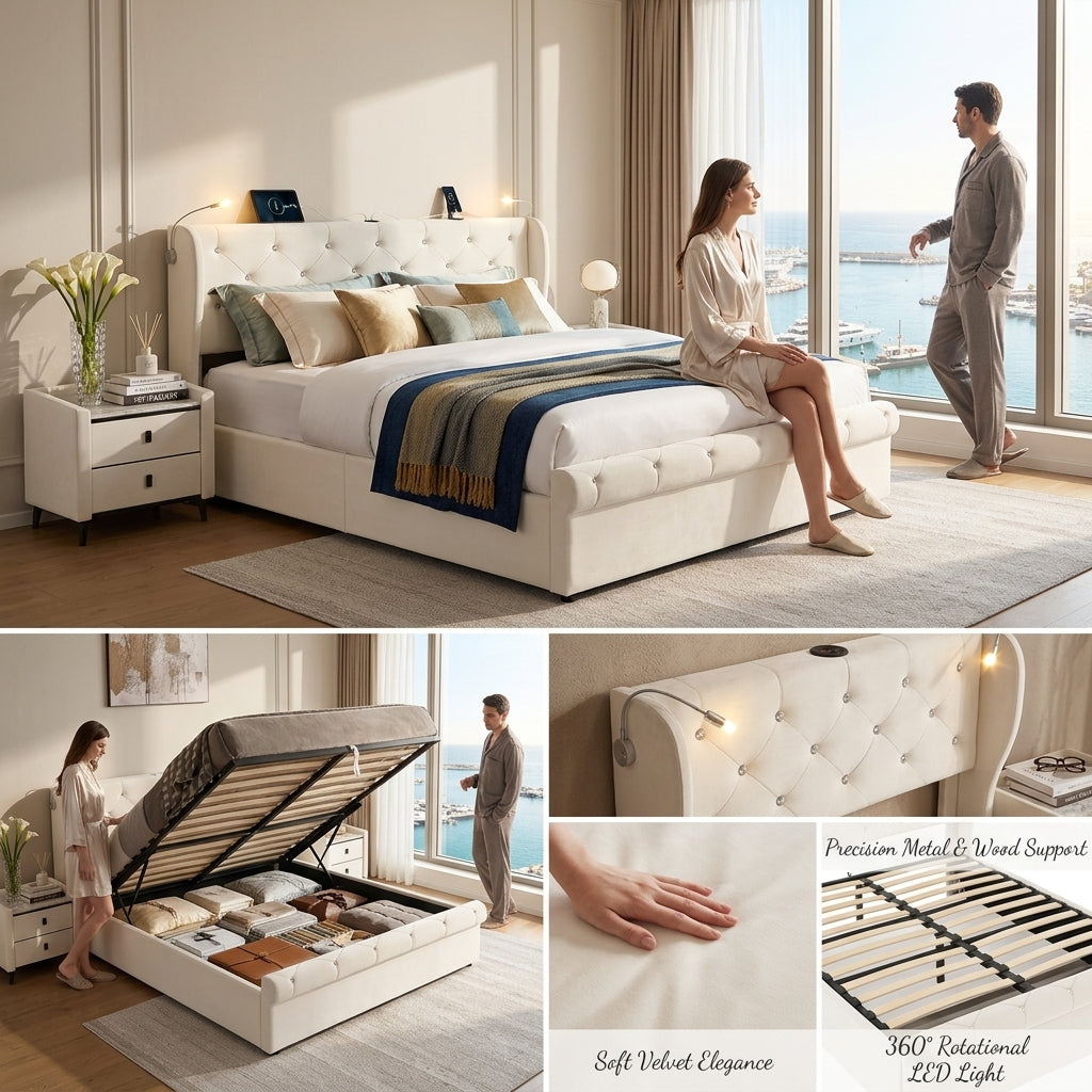 Audreamy Theo Ottoman Bed Beige Velvet