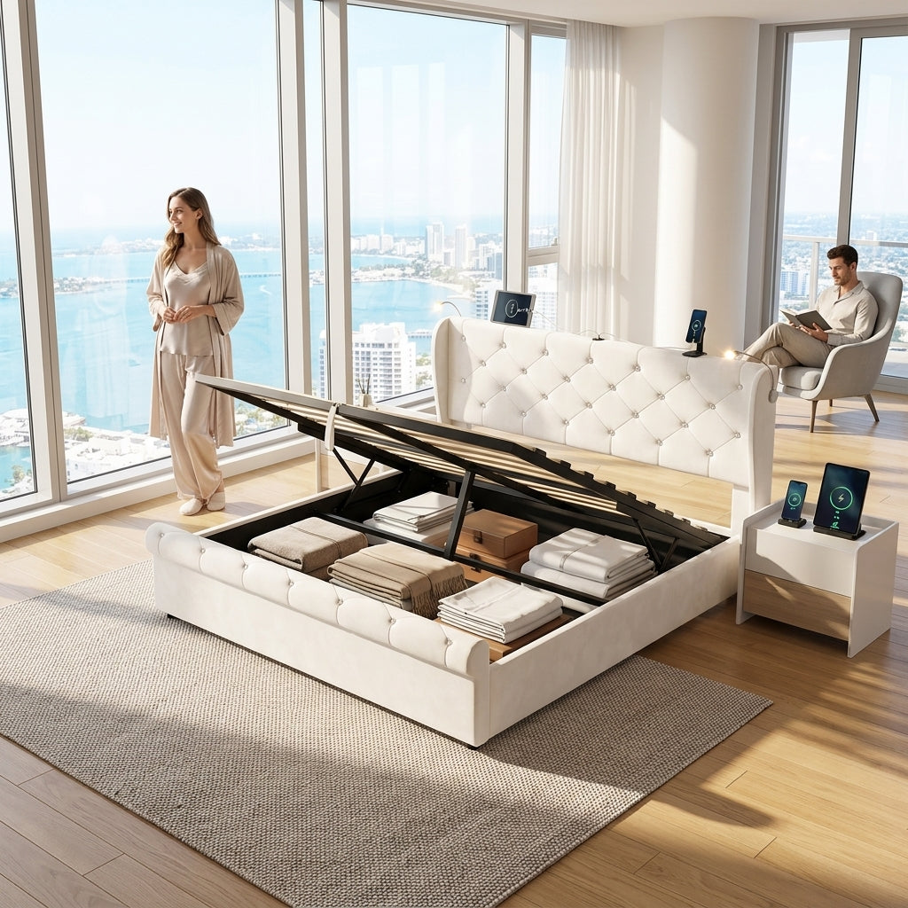 Audreamy Theo Ottoman Bed Beige Velvet