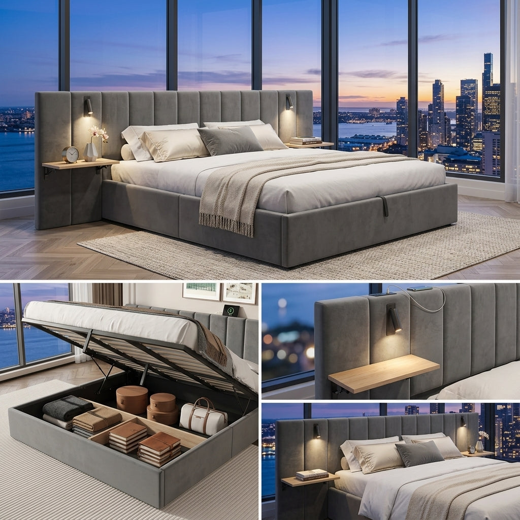 Hydraulic Storage Bed Ottoman Bed Grey Velvet