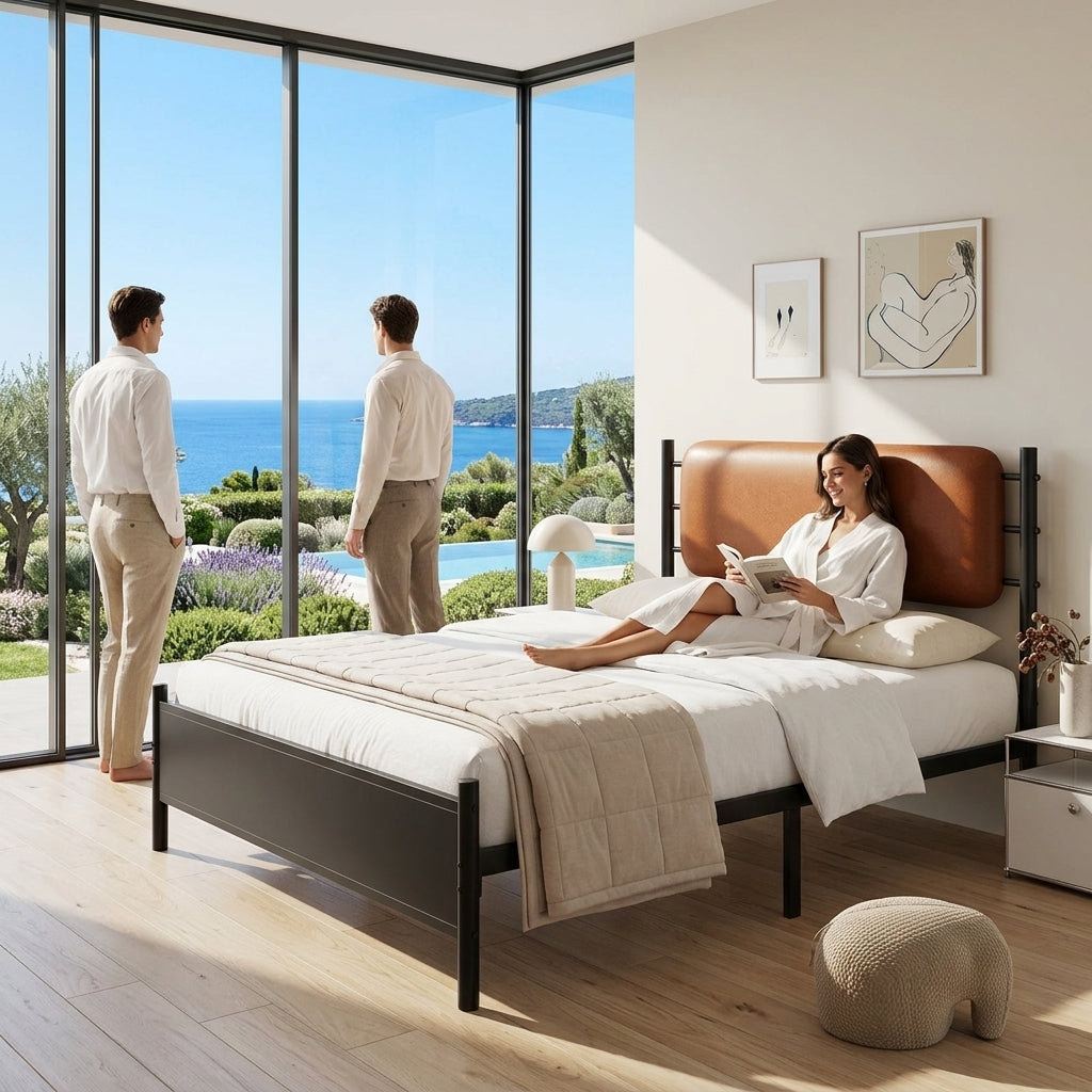 Metal bed, With a PU-upholstered headboard, Black Iron+PU