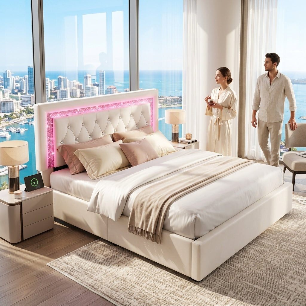 Audreamy Orionis Ottoman Bed Beige Velvet
