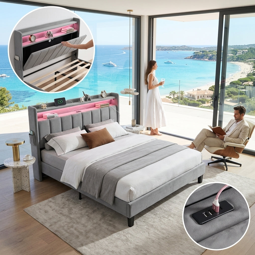 Upholstered Bed Bed Frame Grey Velvet