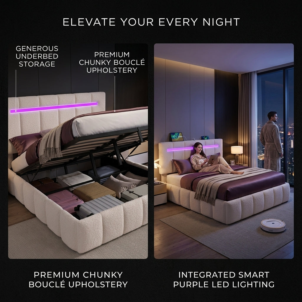Upholstered Bed Frame with Hydraulic Storage, Ottoman Bed Beige