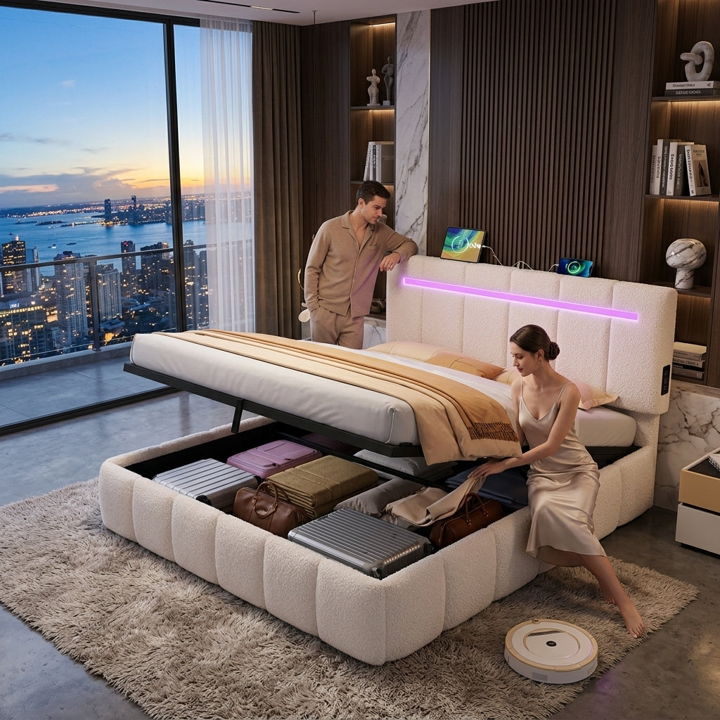 Upholstered Bed Frame with Hydraulic Storage, Ottoman Bed Beige