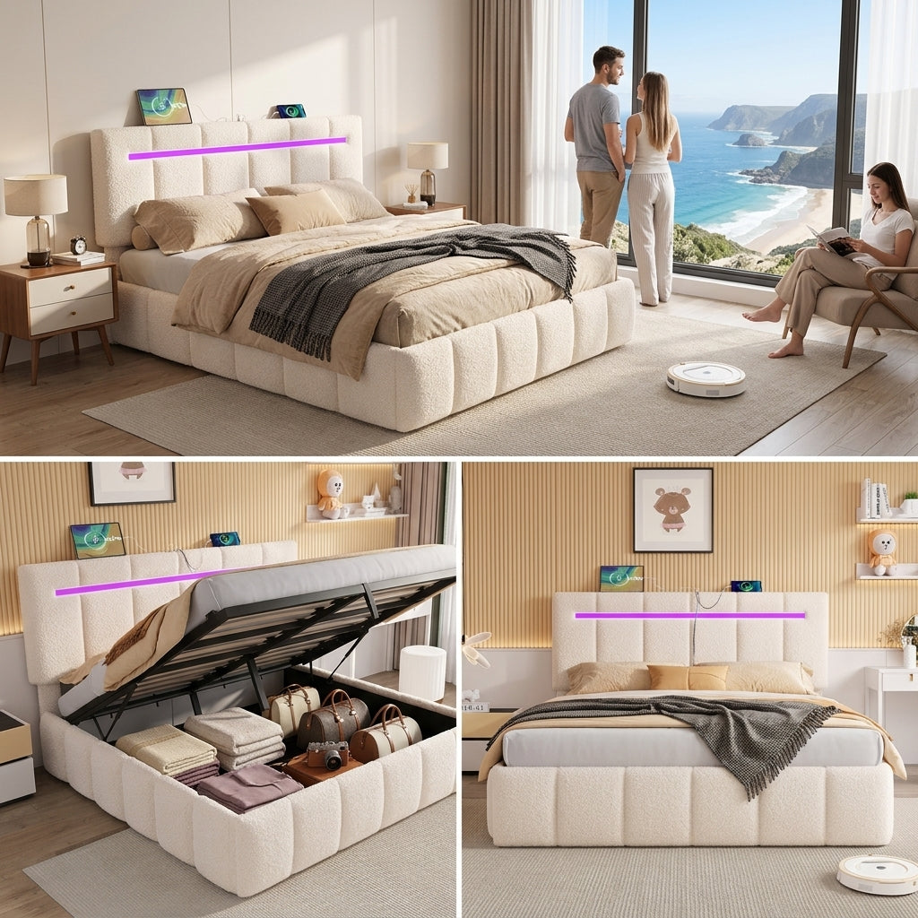 Upholstered Bed Frame with Hydraulic Storage, Ottoman Bed Beige