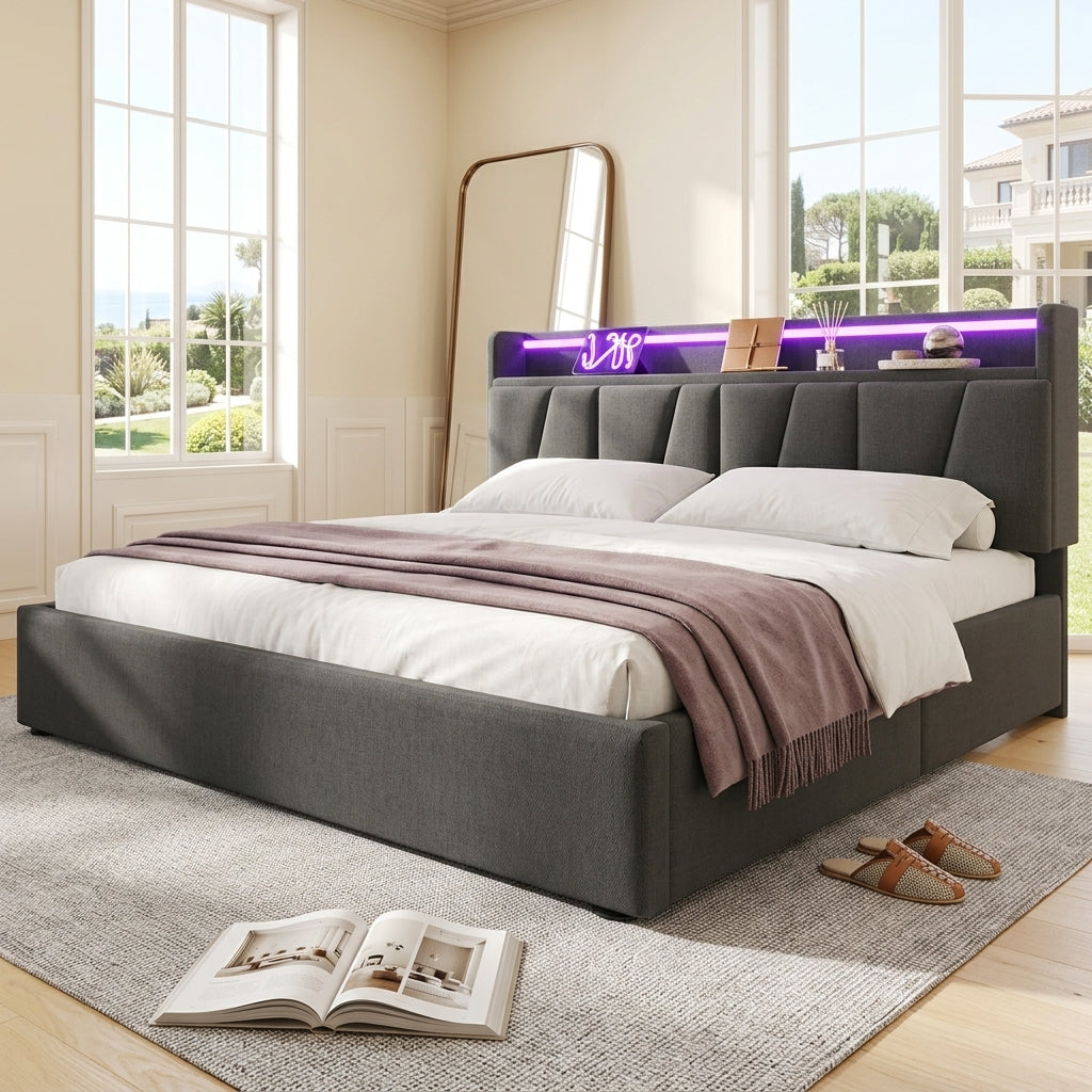 Upholstered Bed with USB charging function Ottoman Bed Grey