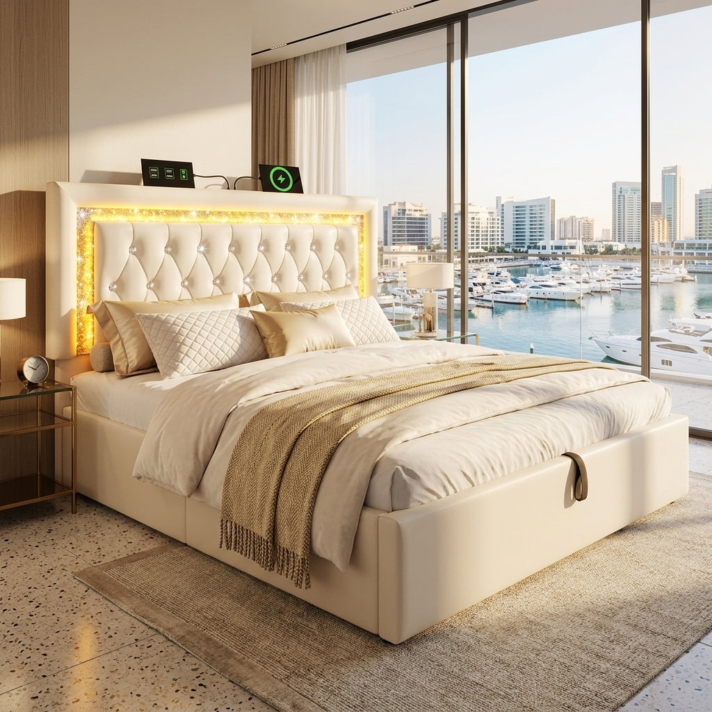 Audreamy Orionis Ottoman Bed Beige Velvet