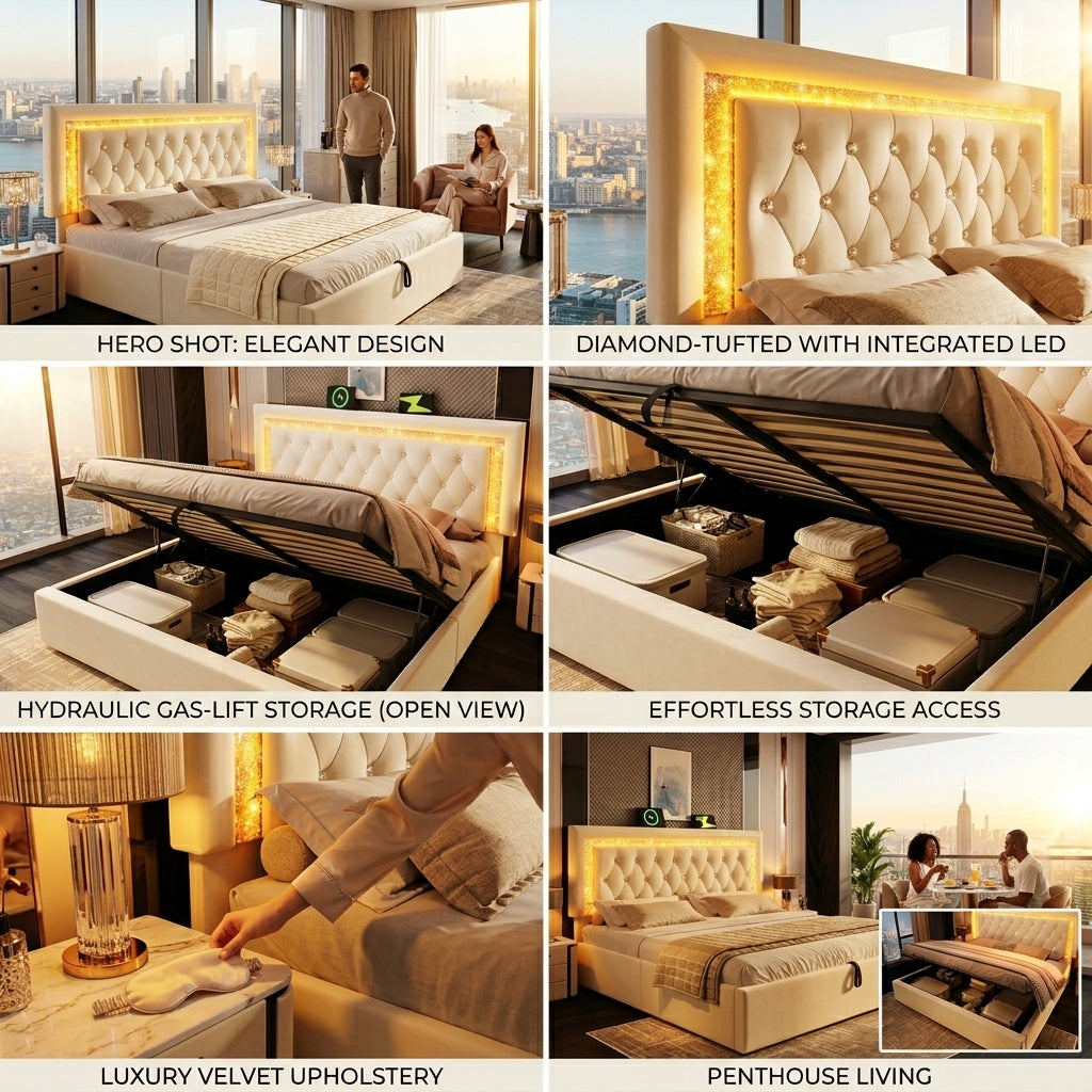 Audreamy Orionis Ottoman Bed Beige Velvet