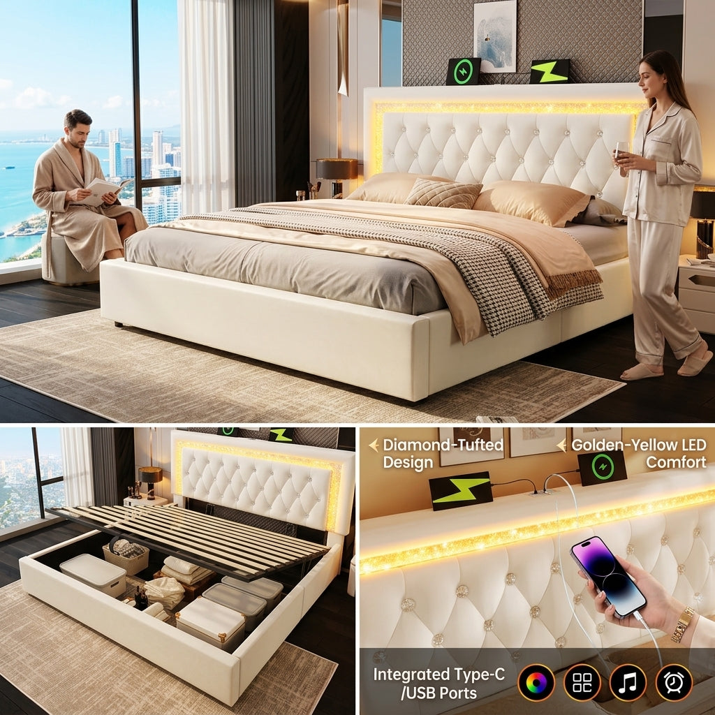 Audreamy Orionis Ottoman Bed Beige Velvet