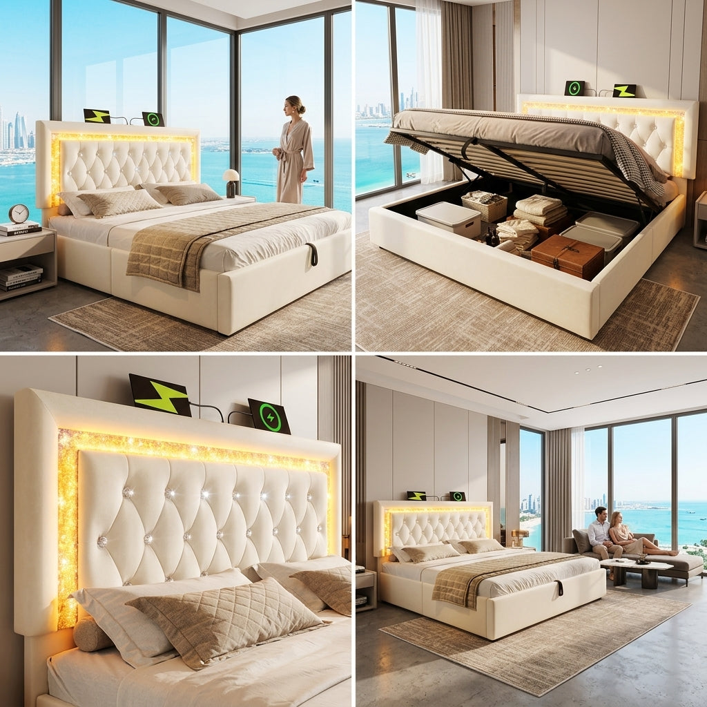 Audreamy Orionis Ottoman Bed Beige Velvet