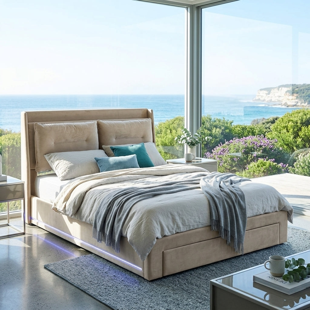 Audreamy Camden Ottoman Bed Beige Velvet
