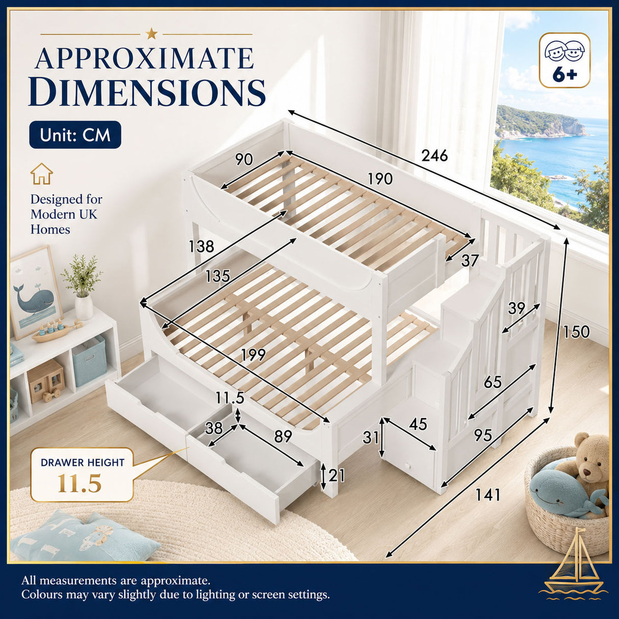Audreamy Polara Bunk Bed with Storage for Kids White Wooden