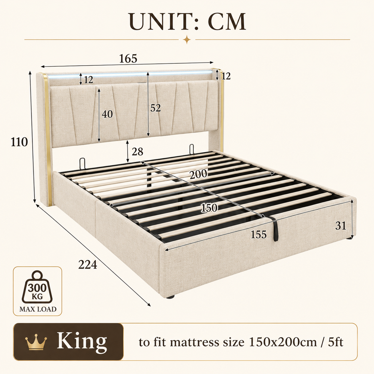 Upholstered Bed Frame with Hydraulic Storage, Ottoman Bed Beige Linen