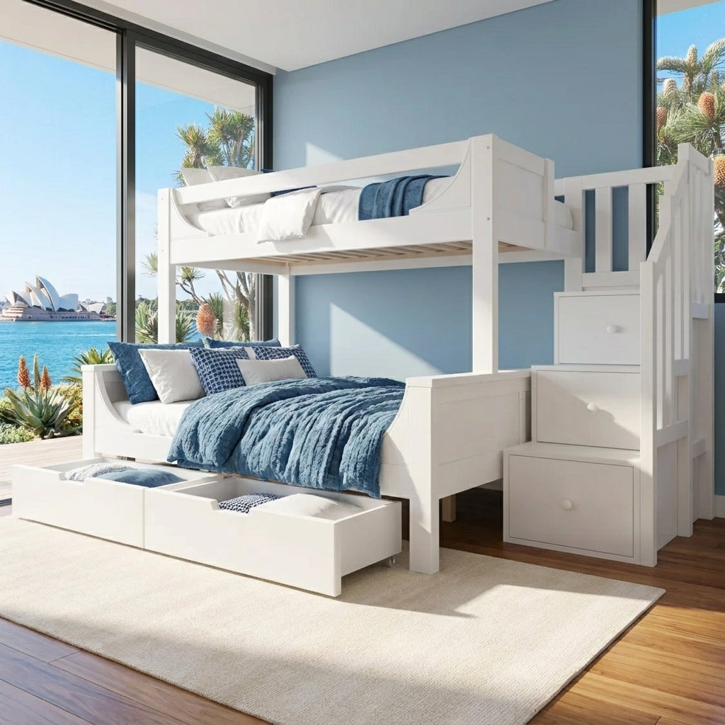 Audreamy Polara Bunk Bed with Storage for Kids White Wooden