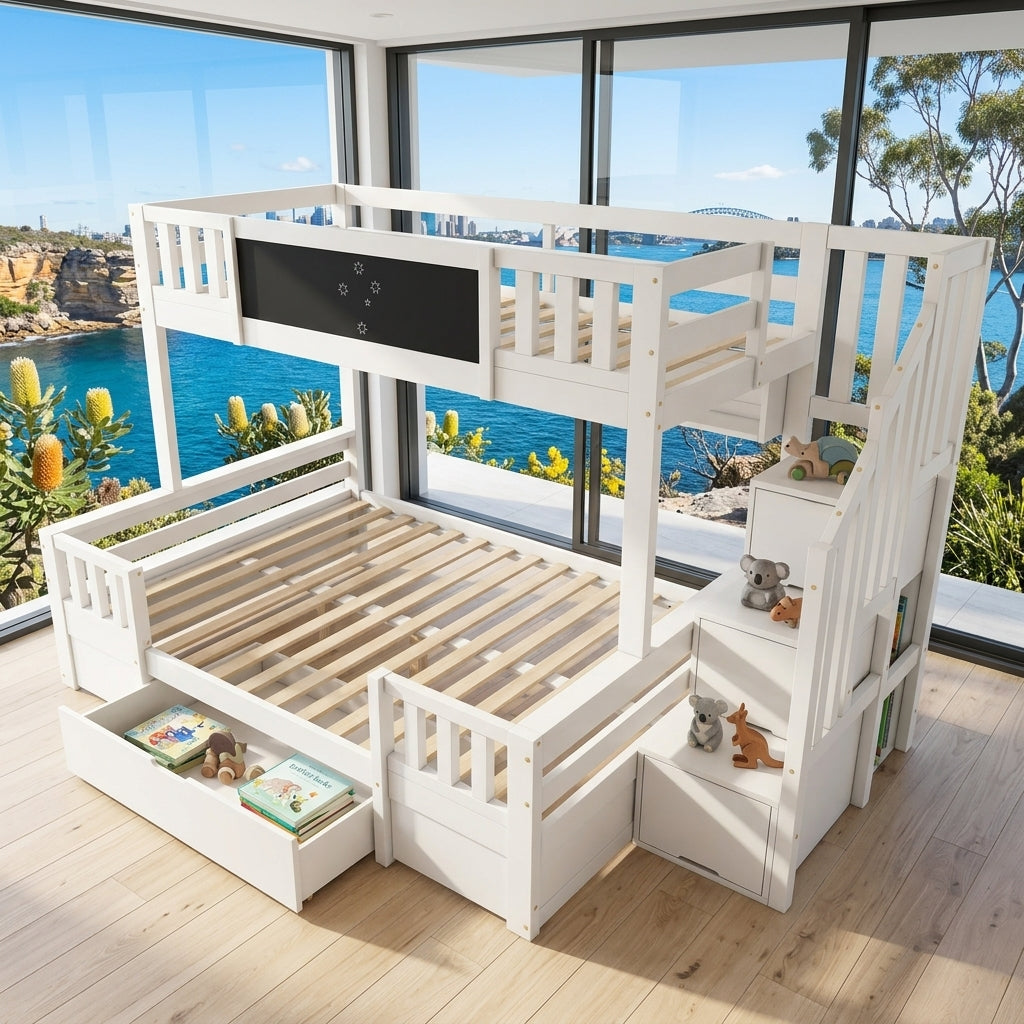 Audreamy Nimby Bunk Bed with Chalkboard for Kids White Wooden