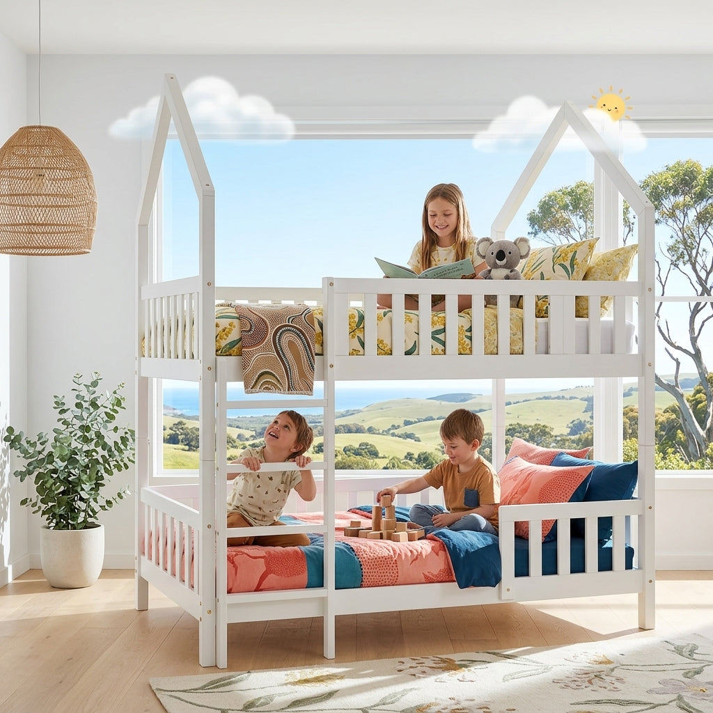 Audreamy Solvyn Castle-Shaped Wooden Bunk Bed White Single