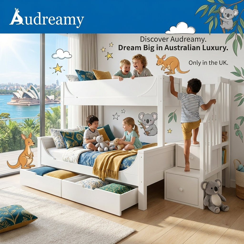 Audreamy Polara Bunk Bed with Storage for Kids White Wooden