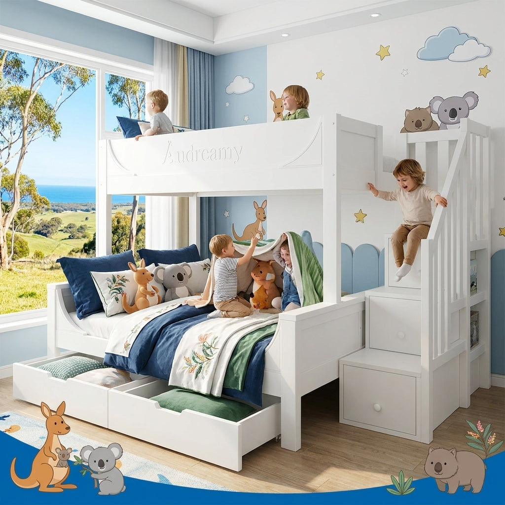 Audreamy Polara Bunk Bed with Storage for Kids White Wooden