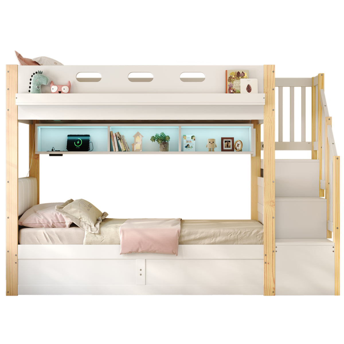 Audreamy Bobo Children's Loft Bunk Bed with LED Lights & Storage Stairs White Natural ottoman