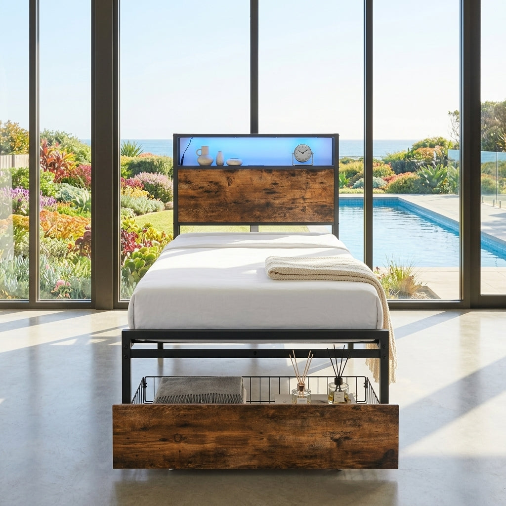 Audreamy Hudson Bed Frame with Storage Drawers Black Wood