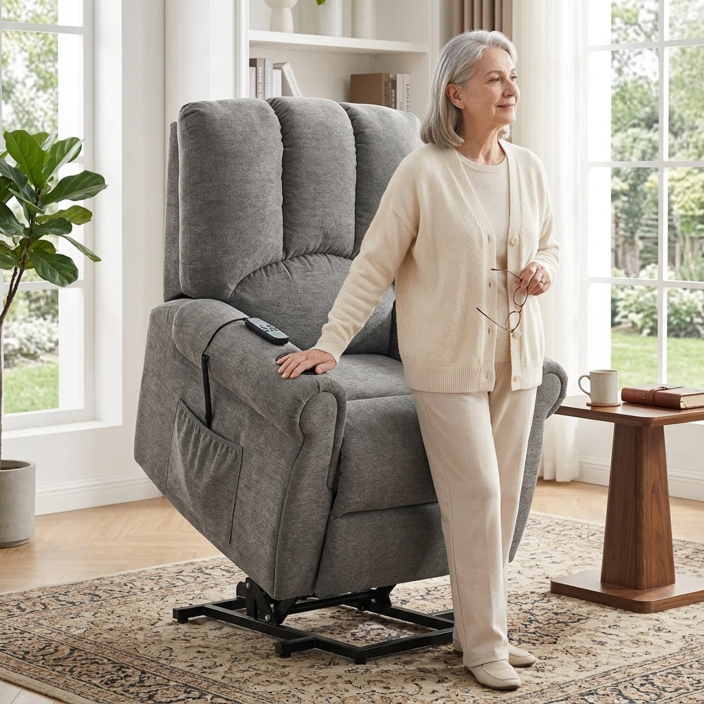 Recliner Armchair Electric Lift Grey Senior Chair - Single Motor, Heated Massage, Stand Assist