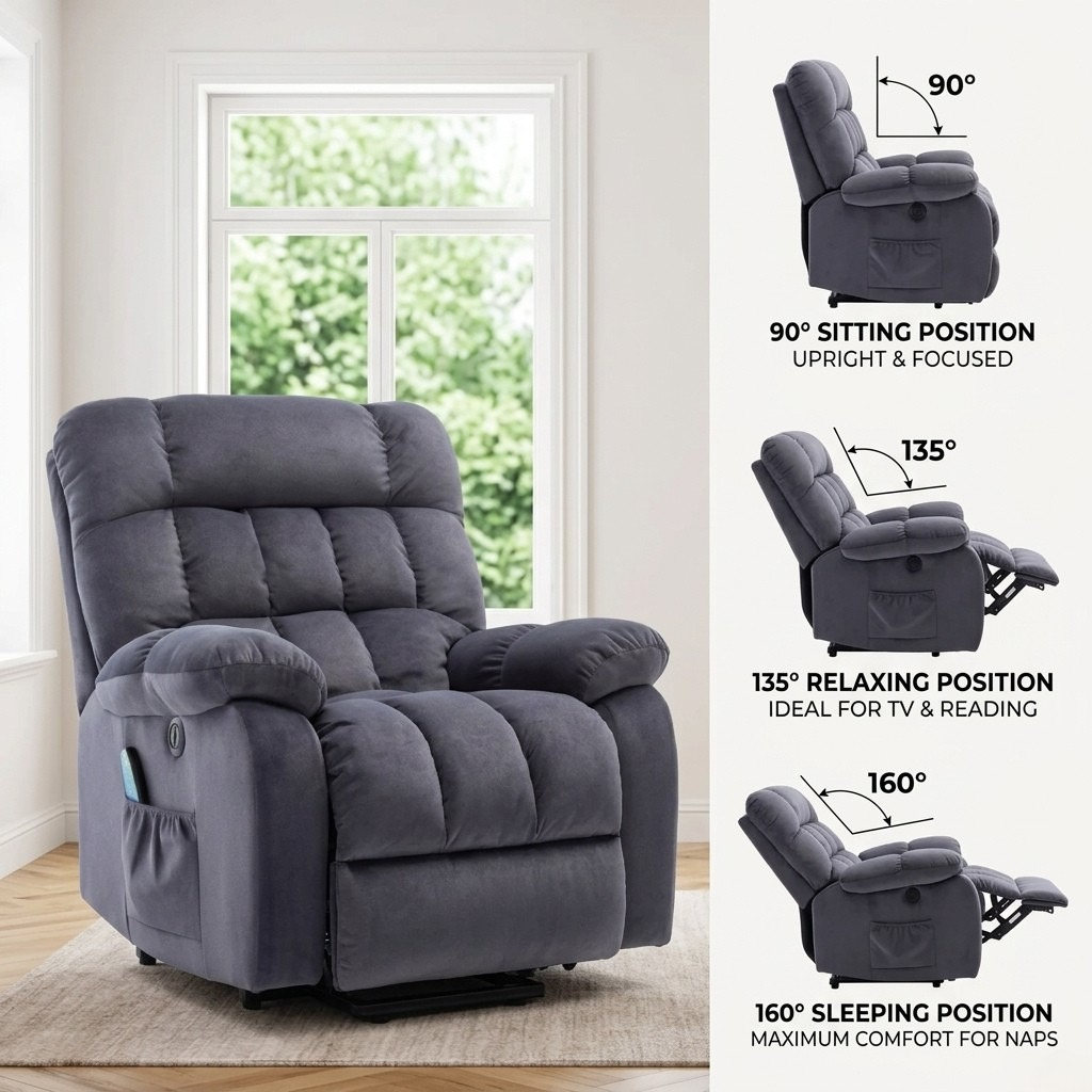 Recliner Armchair Electric Power Lift Sofa with Massage and Heat for Elderly 2 Side Pockets USB Ports Single Recliner Chairs