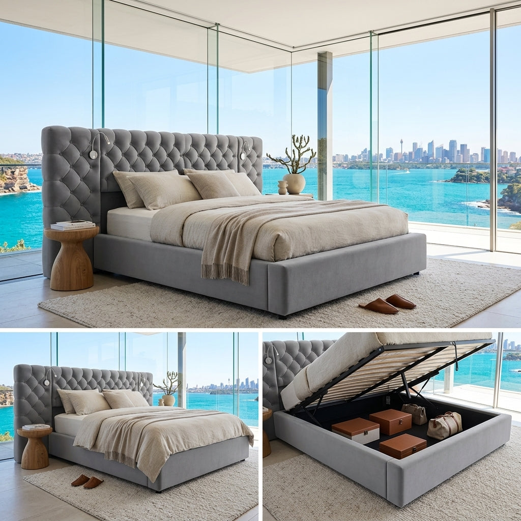 Audreamy Maelis Ottoman Bed Grey Velvet