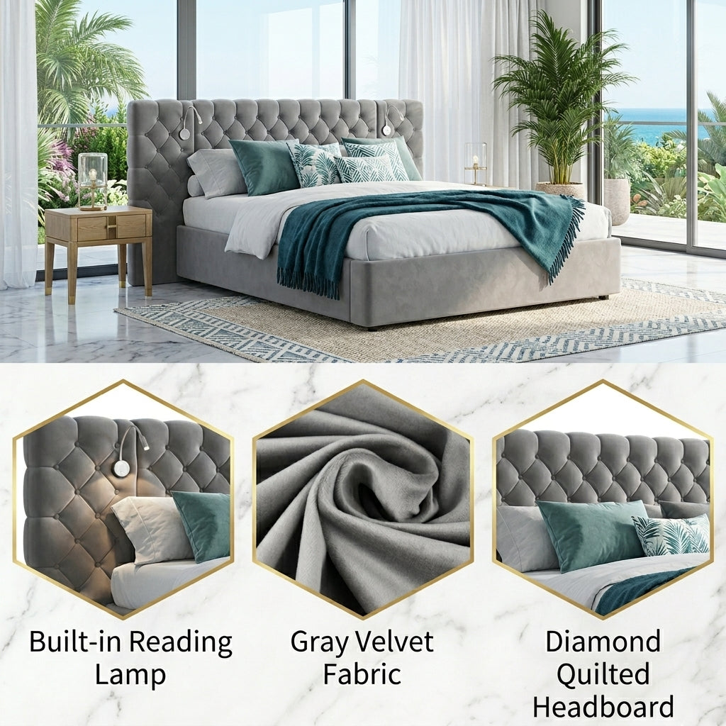 Audreamy Maelis Ottoman Bed Grey Velvet