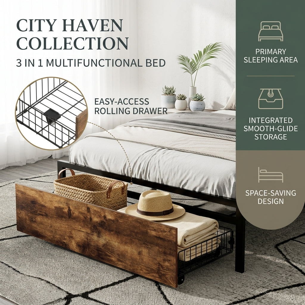 Audreamy Hudson Bed Frame with Storage Drawers Black Wood