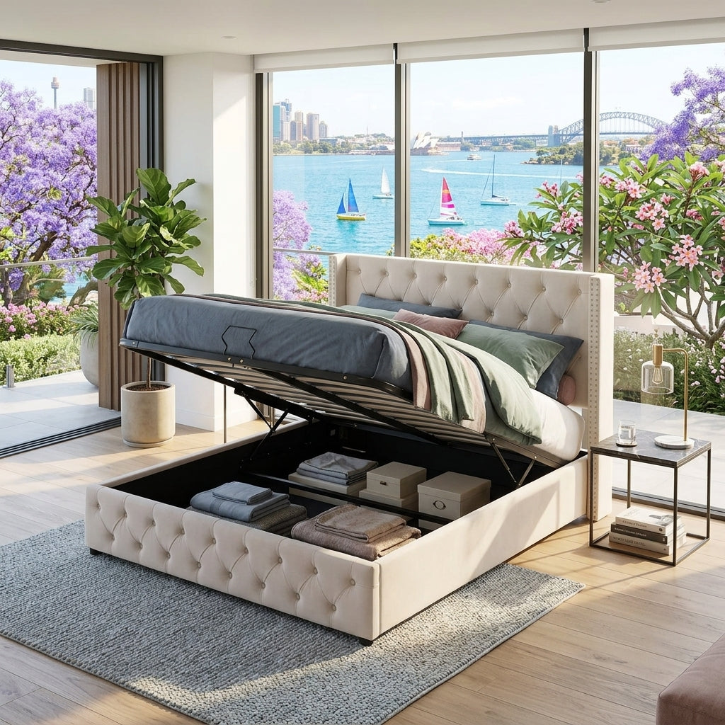 Audreamy Verona Ottoman Bed Beige Velvet