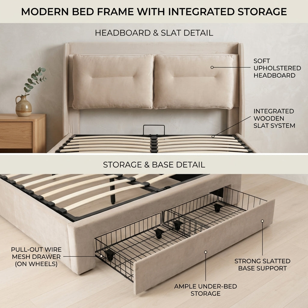 Audreamy Camden Ottoman Bed Beige Velvet
