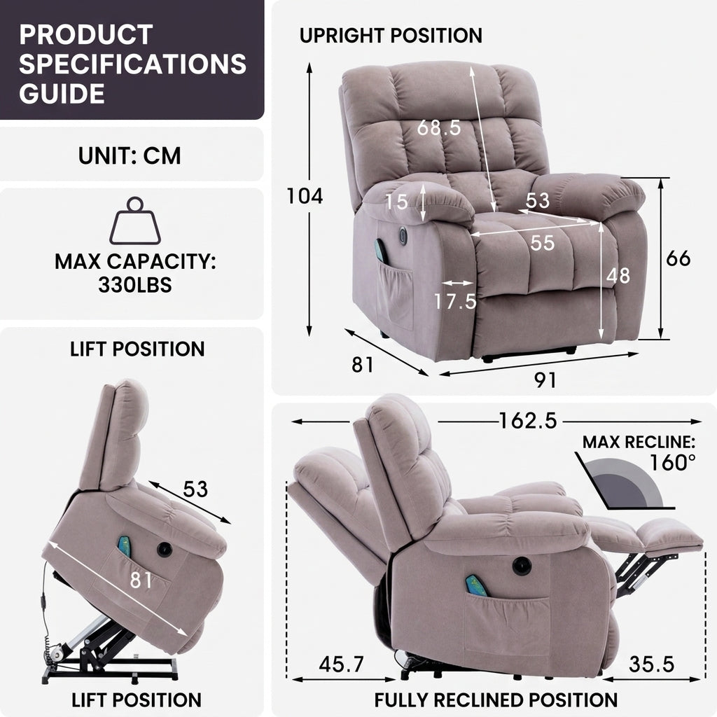 Recliner Armchair Electric Power Lift Sofa with Massage and Heat for Elderly 2 Side Pockets USB Ports Single Recliner Chairs
