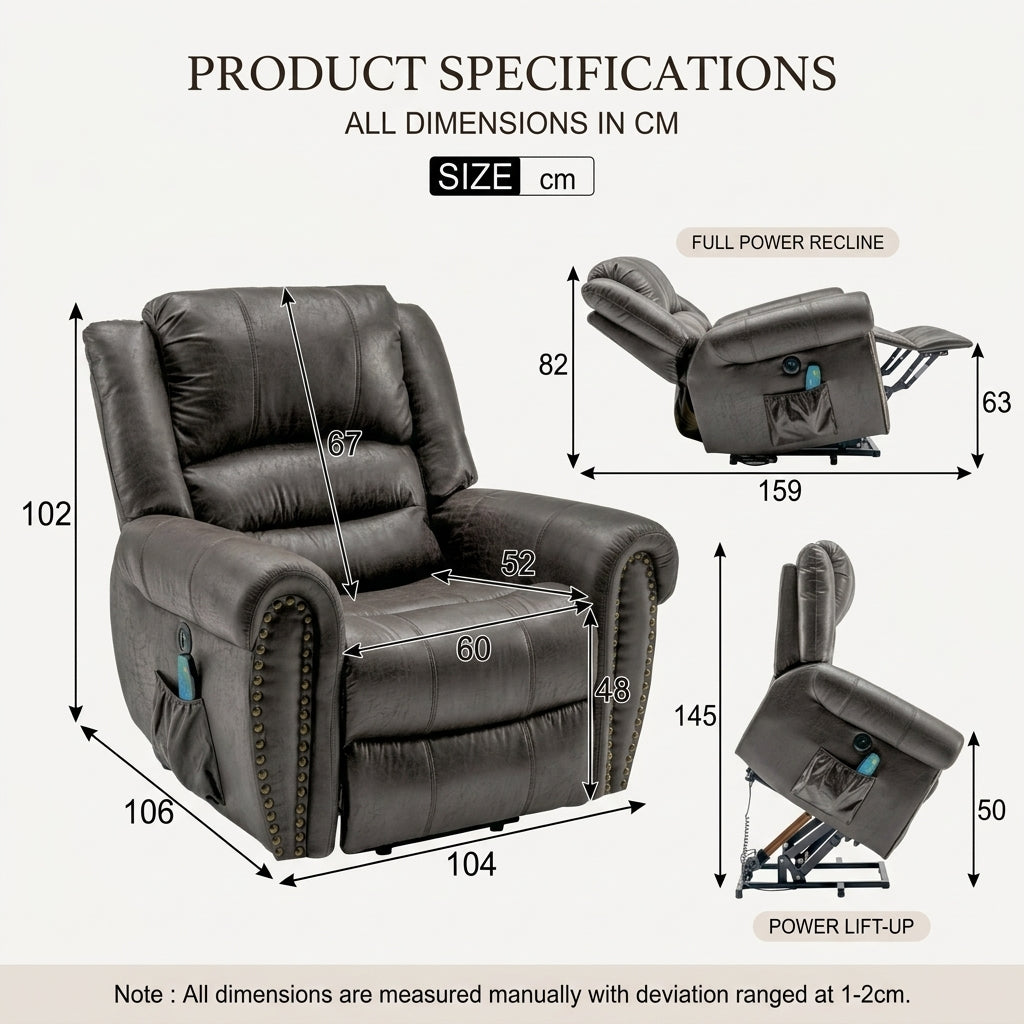 Large Power Lift Recliner Chairs with Massage and Heat for Elderly Big People, Massage Chair Heavy Duty Electric Faux Leather Reclining Chairs with USB Port and 2 Side Pockets