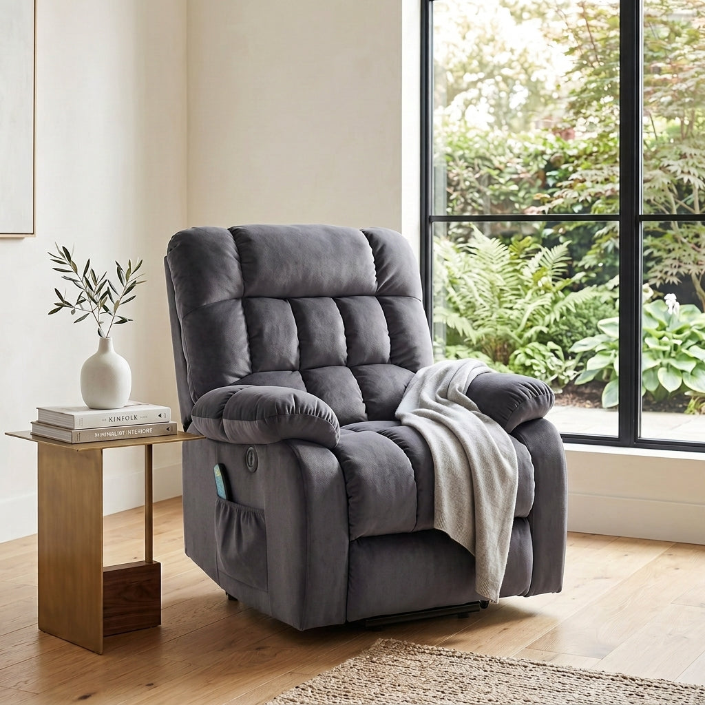 Recliner Armchair Electric Power Lift Sofa with Massage and Heat for Elderly 2 Side Pockets USB Ports Single Recliner Chairs