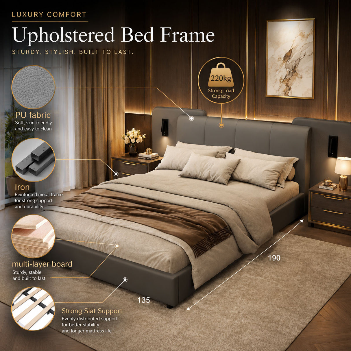Audreamy Rowan Upholstered Bed Grey PU Double