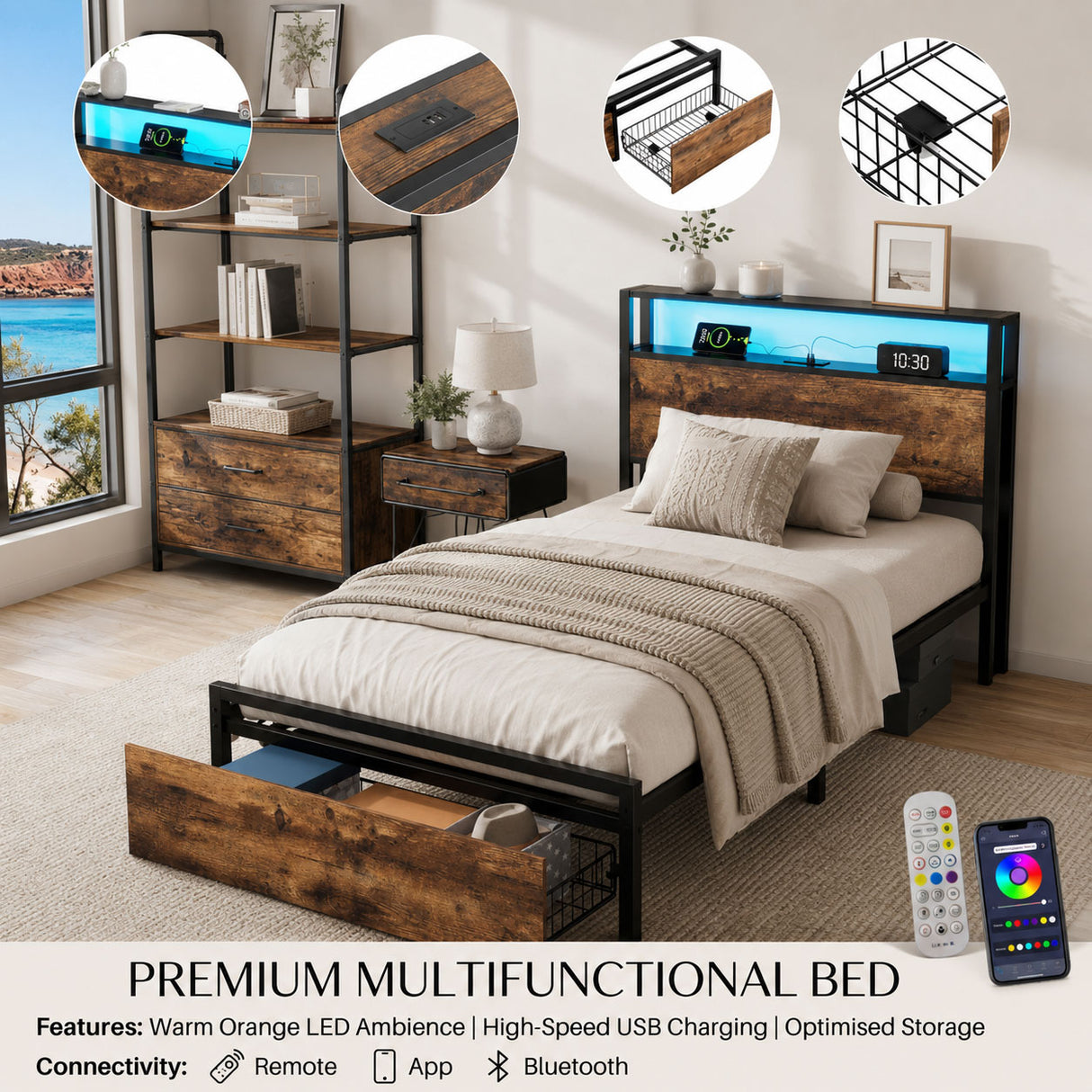 Audreamy Hudson Bed Frame with Storage Drawers Black Wood