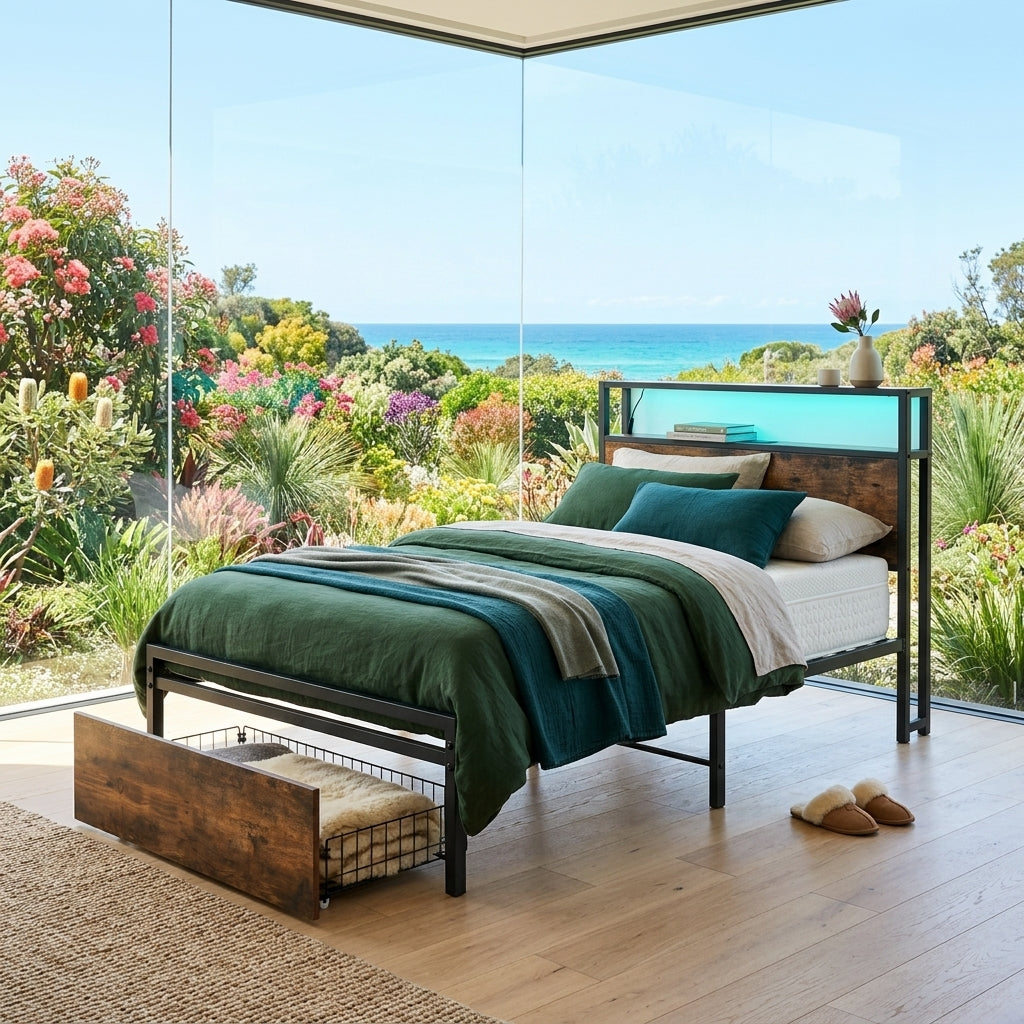 Audreamy Hudson Bed Frame with Storage Drawers Black Wood