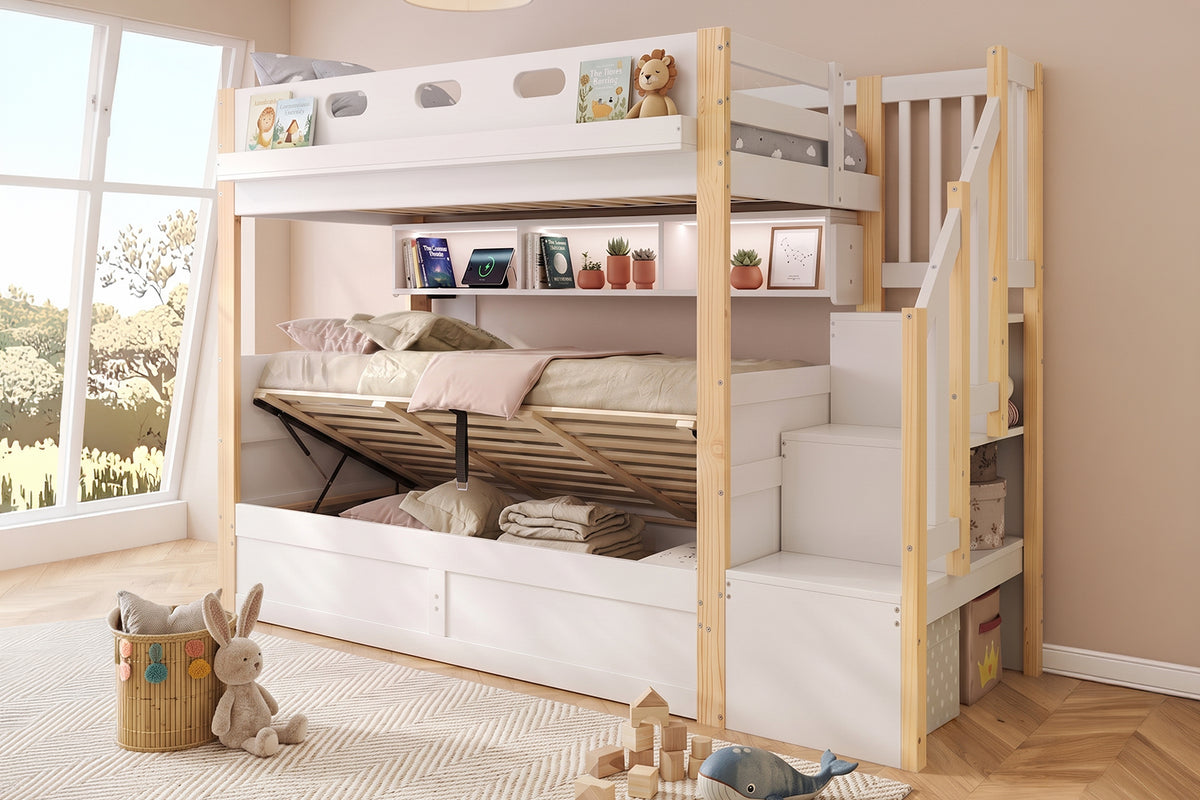 Audreamy Bobo Children's Loft Bunk Bed with LED Lights & Storage Stairs White Natural ottoman