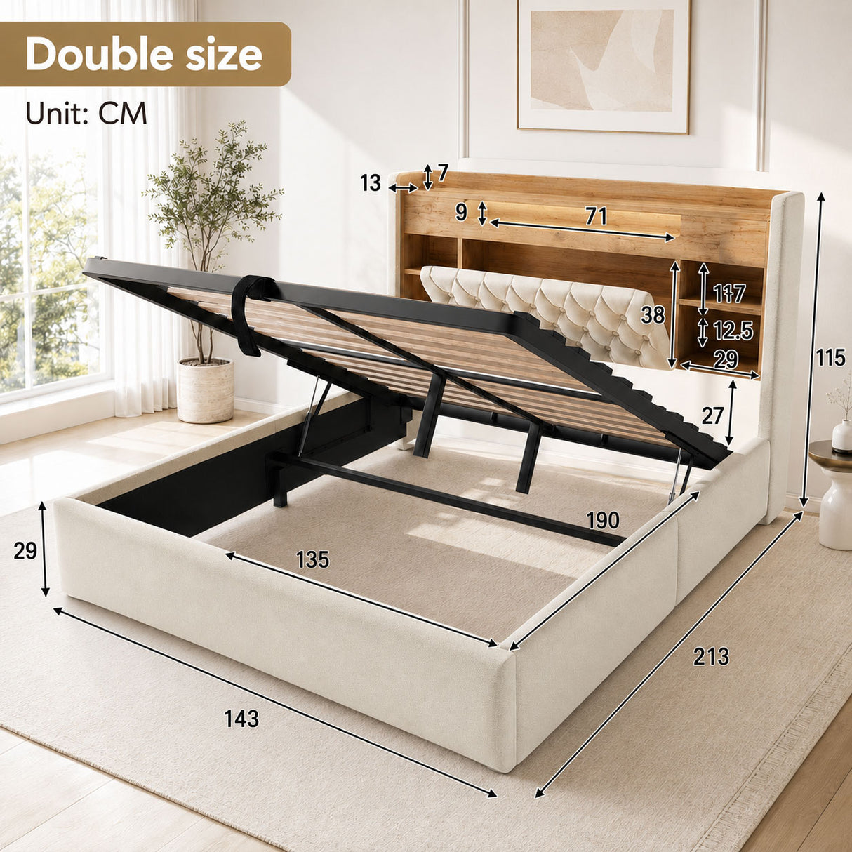 Audreamy Dorma Upholstered Bed with Storage Drawers, LED & USB Charging Beige Linen