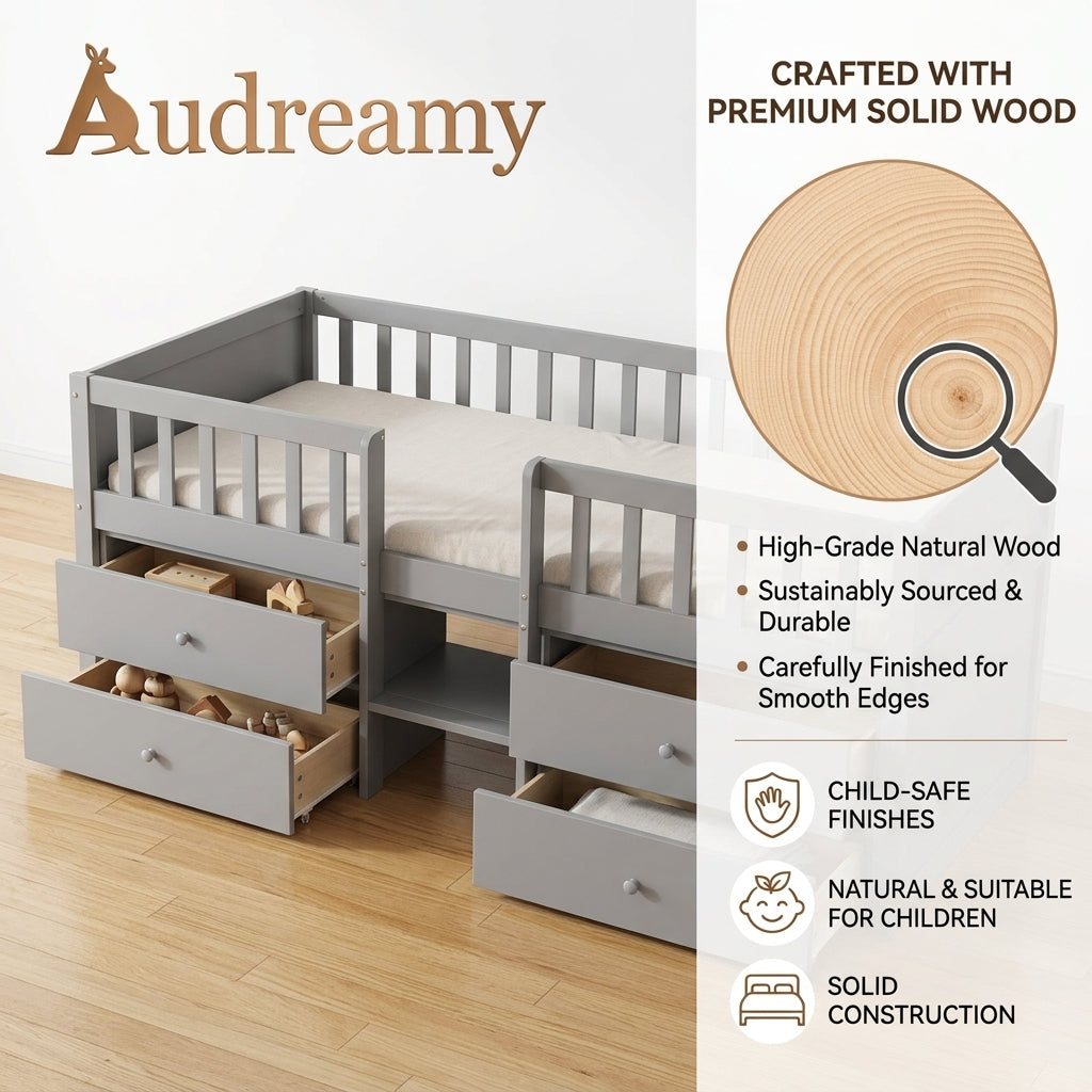 Audreamy Kestrel Low Loft Bed Grey Wooden Single with Storage
