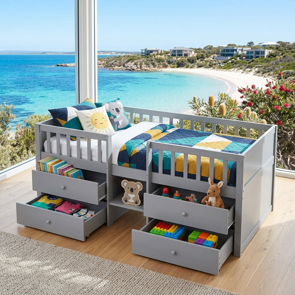 Audreamy Kestrel Low Loft Bed Grey Wooden Single with Storage