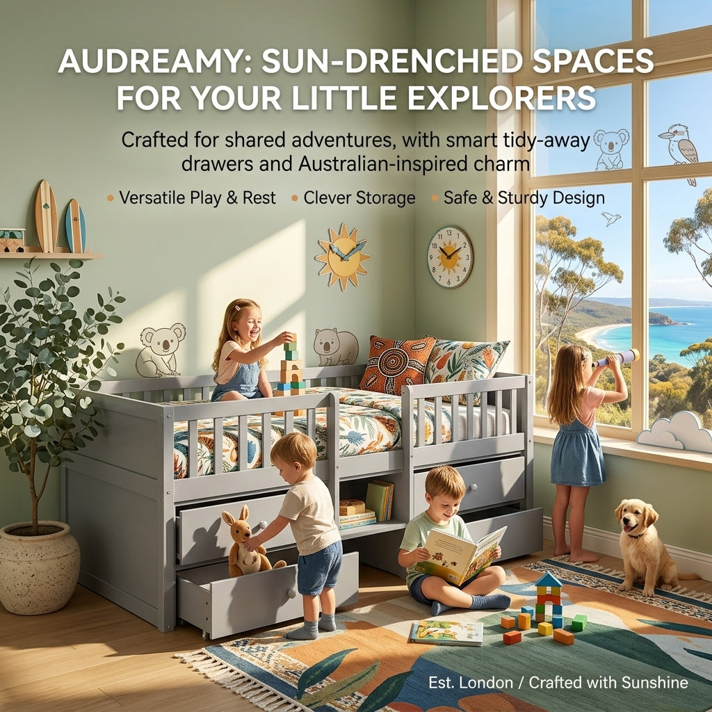 Audreamy Kestrel Low Loft Bed Grey Wooden Single with Storage