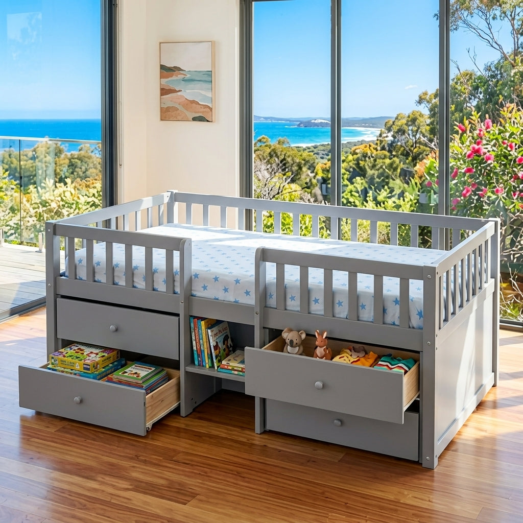 Audreamy Kestrel Low Loft Bed Grey Wooden Single with Storage