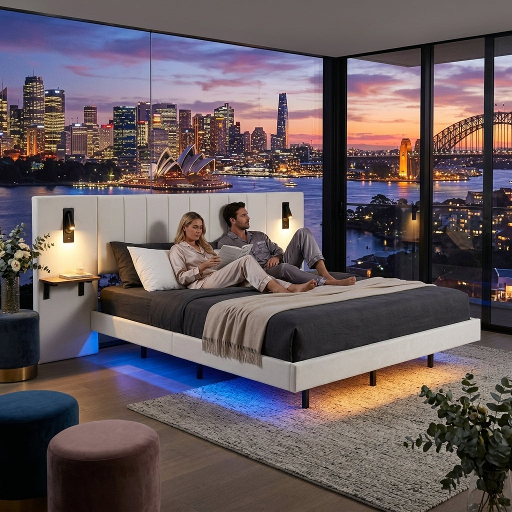 Audreamy Arbor Upholstered Bed Frame with LED Light, Storage Headboard White Velvet King