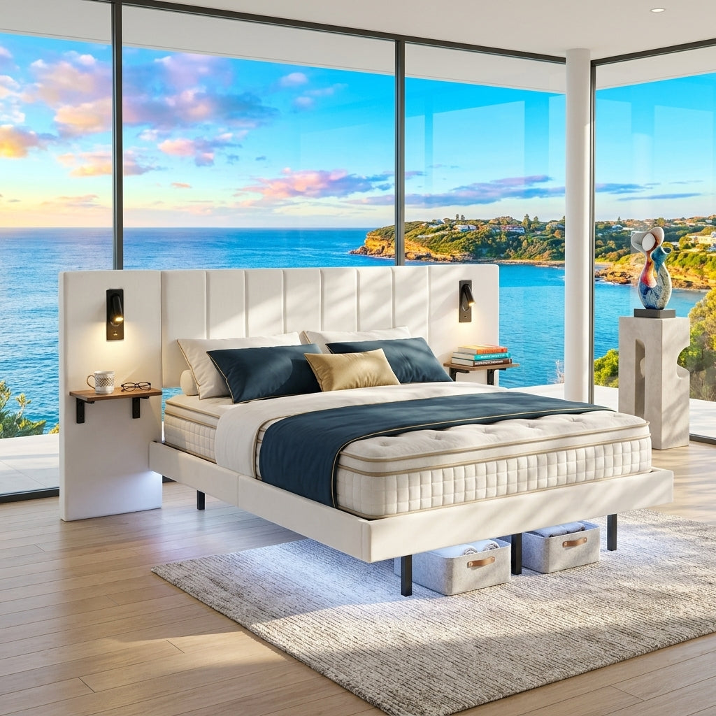 Audreamy Arbor Upholstered Bed Frame with LED Light, Storage Headboard White Velvet King
