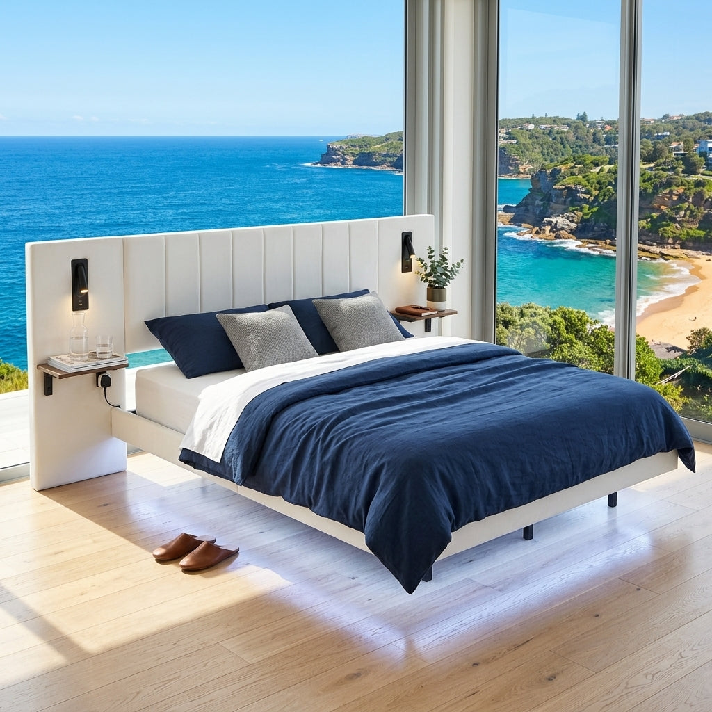 Audreamy Arbor Upholstered Bed Frame with LED Light, Storage Headboard White Velvet King