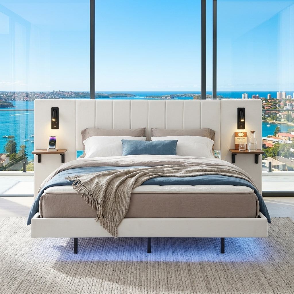 Audreamy Arbor Upholstered Bed Frame with LED Light, Storage Headboard White Velvet King