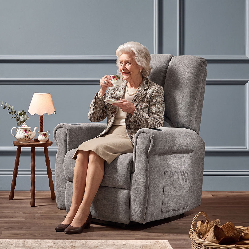 Recliner Armchair Electric Lift Grey Senior Chair - Single Motor, Heated Massage, Stand Assist