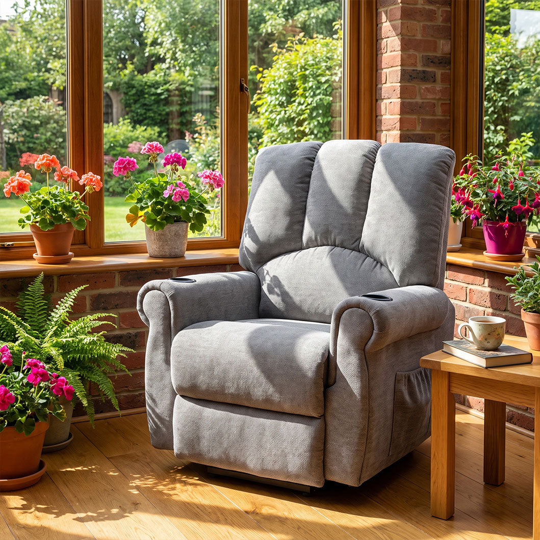 Recliner Armchair Electric Lift Grey Senior Chair - Single Motor, Heated Massage, Stand Assist