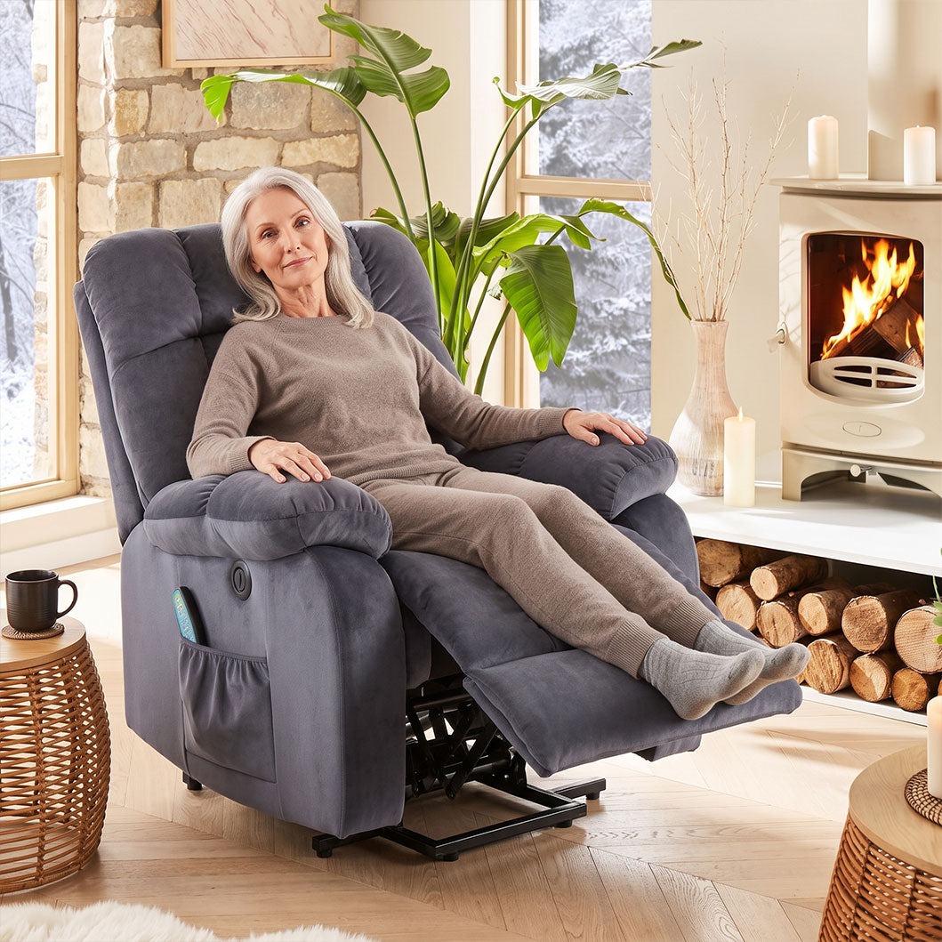 Recliner Armchair Electric Power Lift Sofa Velvet with Massage and Heat for Elderly 2 Side Pockets USB Ports Single Recliner Chairs